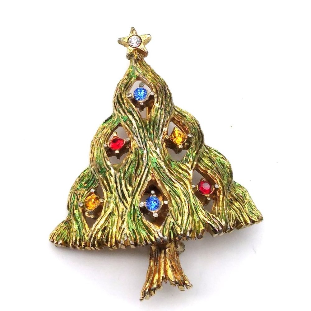 Vintage JJ Jonette Christmas Tree Brooch w Crystal Ornaments, Gold Tone